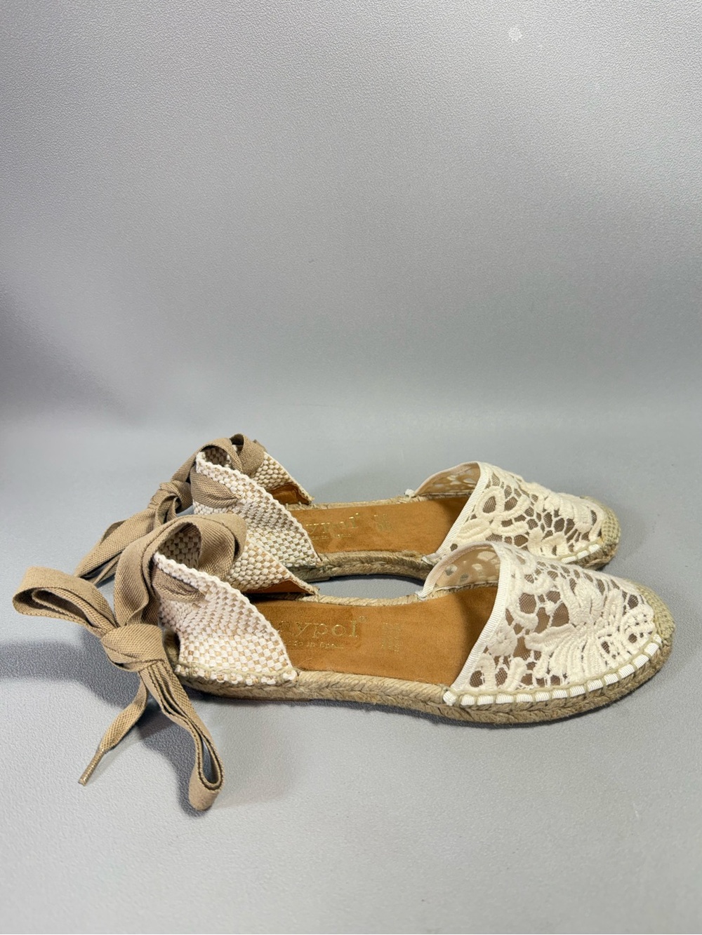 MAYPOL Anthropologie Cream Crochet Lace Ankle Tie Espadrille Flats